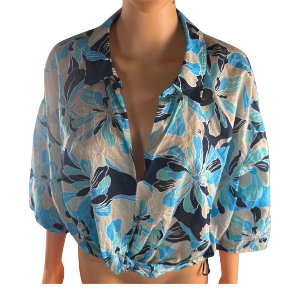Tommy Hilfiger Tops - Tommy Hilfiger Floral Front Knot Cropped Top Blue Tropical Cotton Coastal Cruise